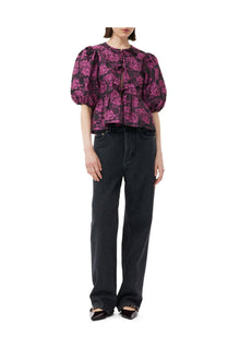 Pink Botanical Jacquard Peplum Blouse | Cone Flower