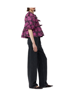 Pink Botanical Jacquard Peplum Blouse | Cone Flower