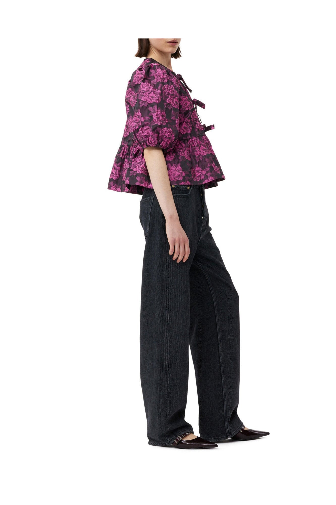 Pink Botanical Jacquard Peplum Blouse | Cone Flower