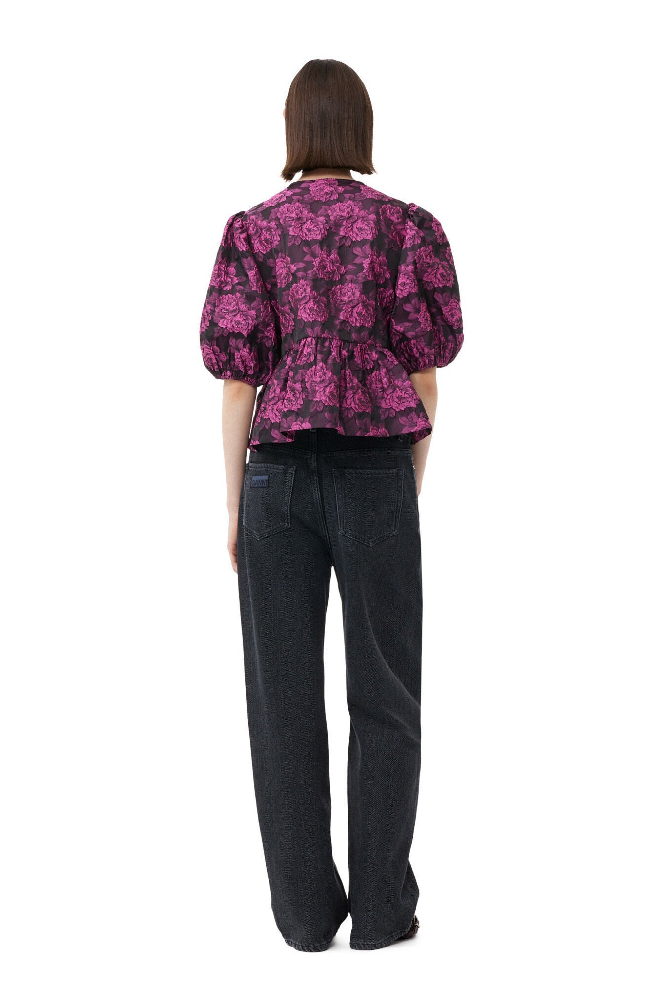 Pink Botanical Jacquard Peplum Blouse | Cone Flower