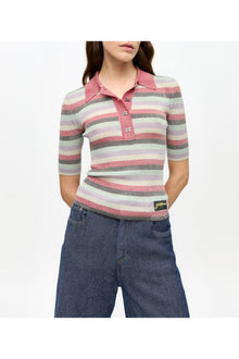 Pink Striped Sparkle Rib Polo T Shirt | Multicolour