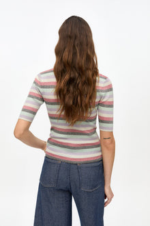 Pink Striped Sparkle Rib Polo T Shirt | Multicolour