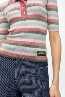 Pink Striped Sparkle Rib Polo T Shirt | Multicolour