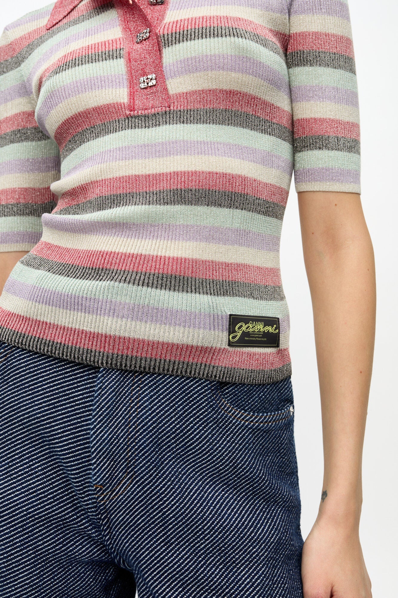 Pink Striped Sparkle Rib Polo T Shirt | Multicolour