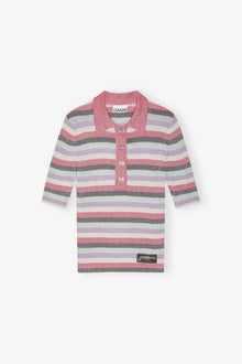 Pink Striped Sparkle Rib Polo T Shirt | Multicolour
