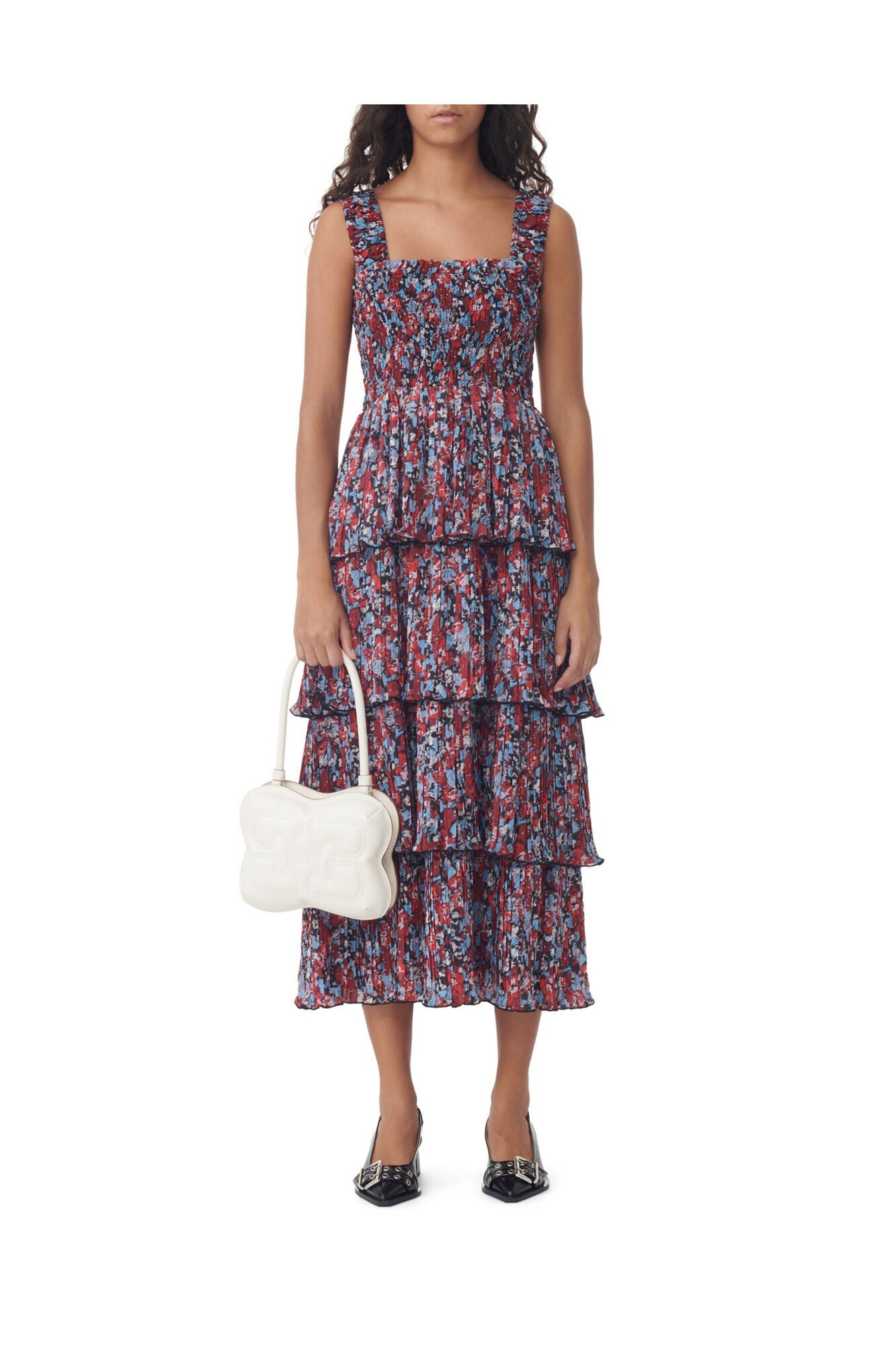 Pleated Georgette Flounce Smock Midi Dress | High Risk Red