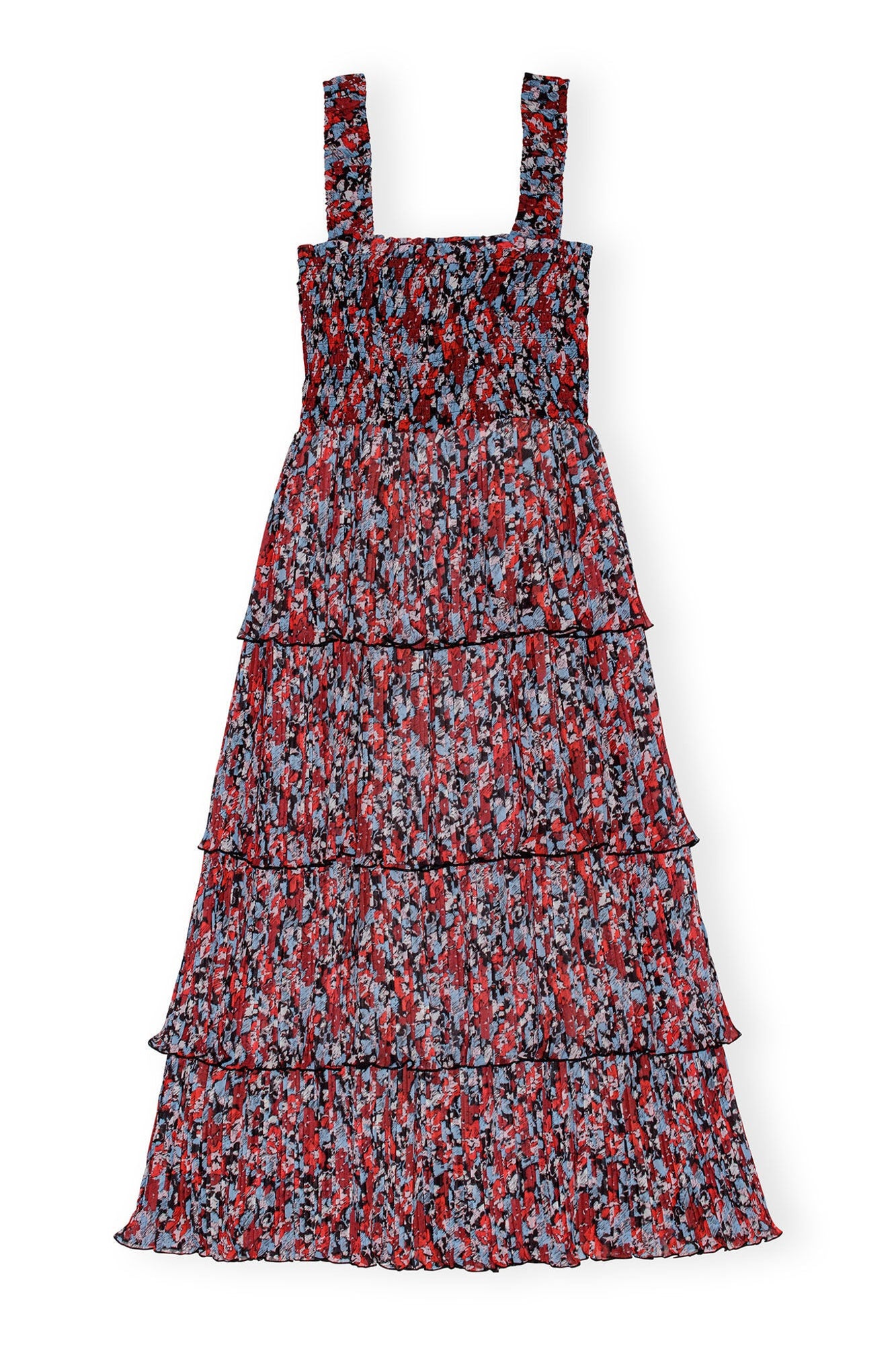 Pleated Georgette Flounce Smock Midi Dress | High Risk Red