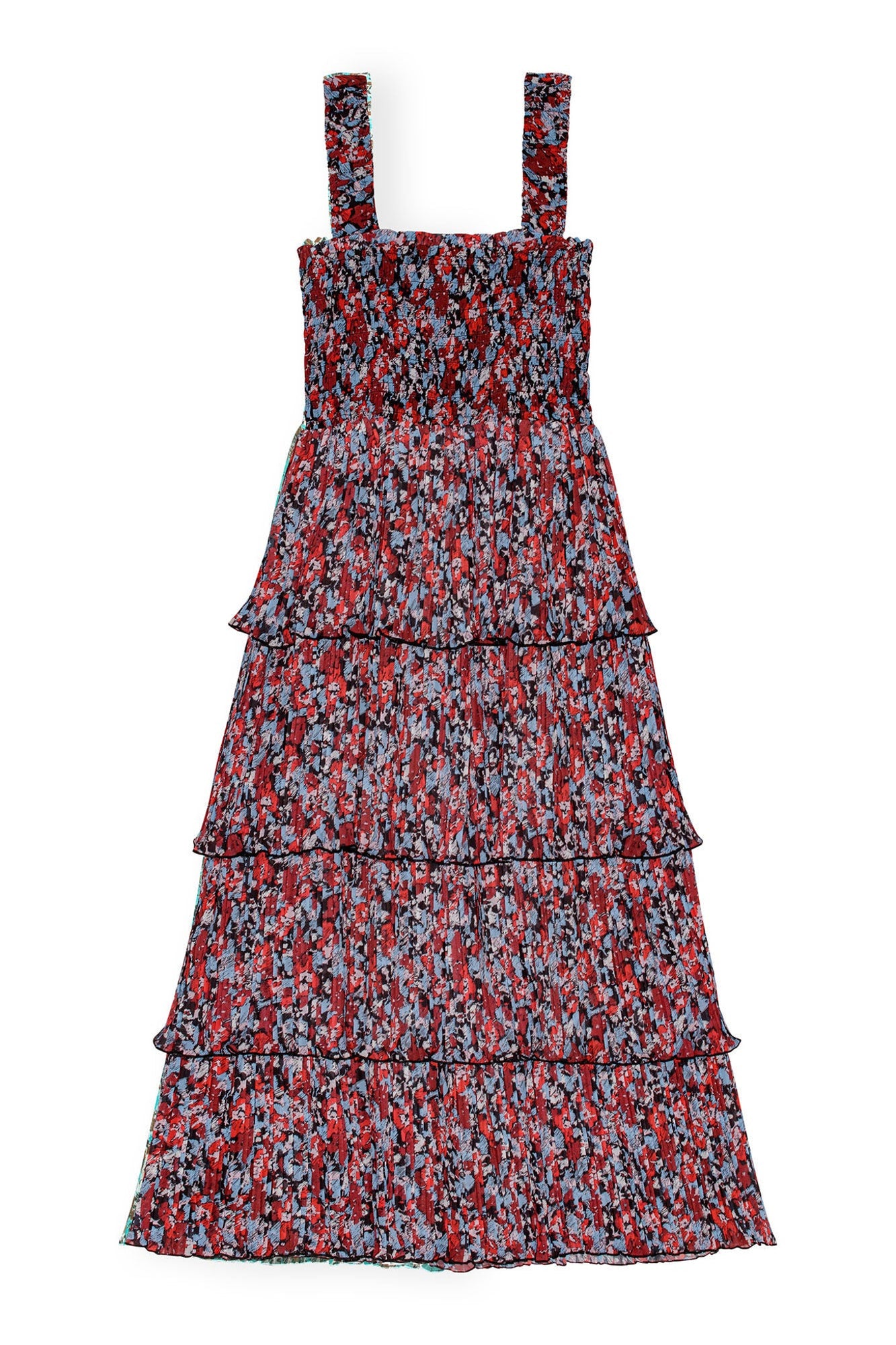 Pleated Georgette Flounce Smock Midi Dress | High Risk Red