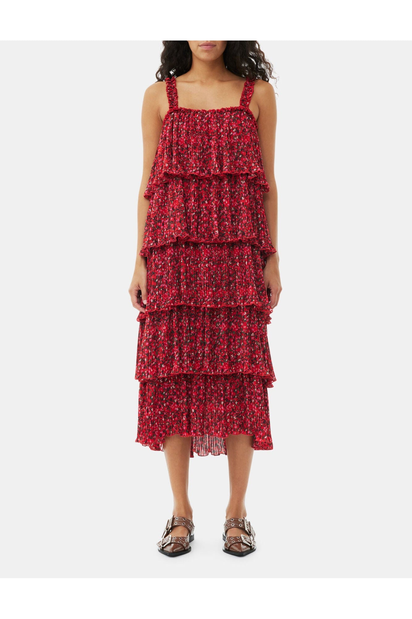Pleated Georgette Flounce Strap Midi Dress | Racing Red