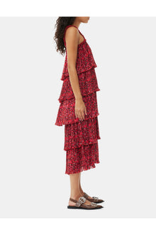 Pleated Georgette Flounce Strap Midi Dress | Racing Red