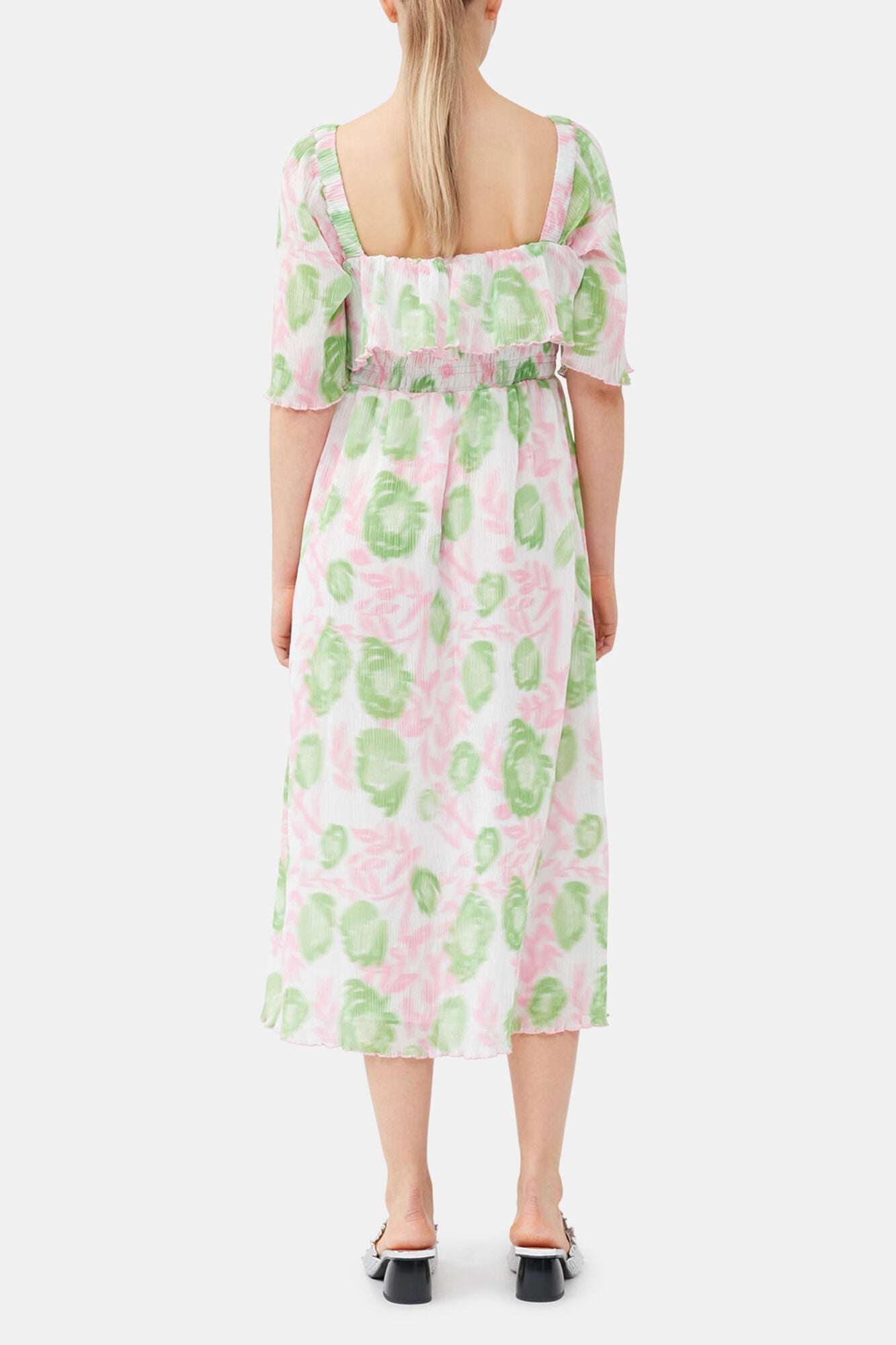 Pleated Georgette Midi Smock Dress | Pink Tulle