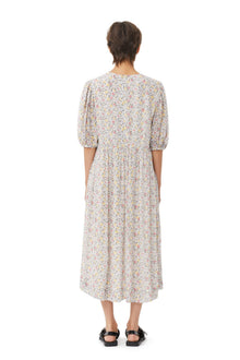 Printed Georgette Puff Sleeve Midi Dress | Egret