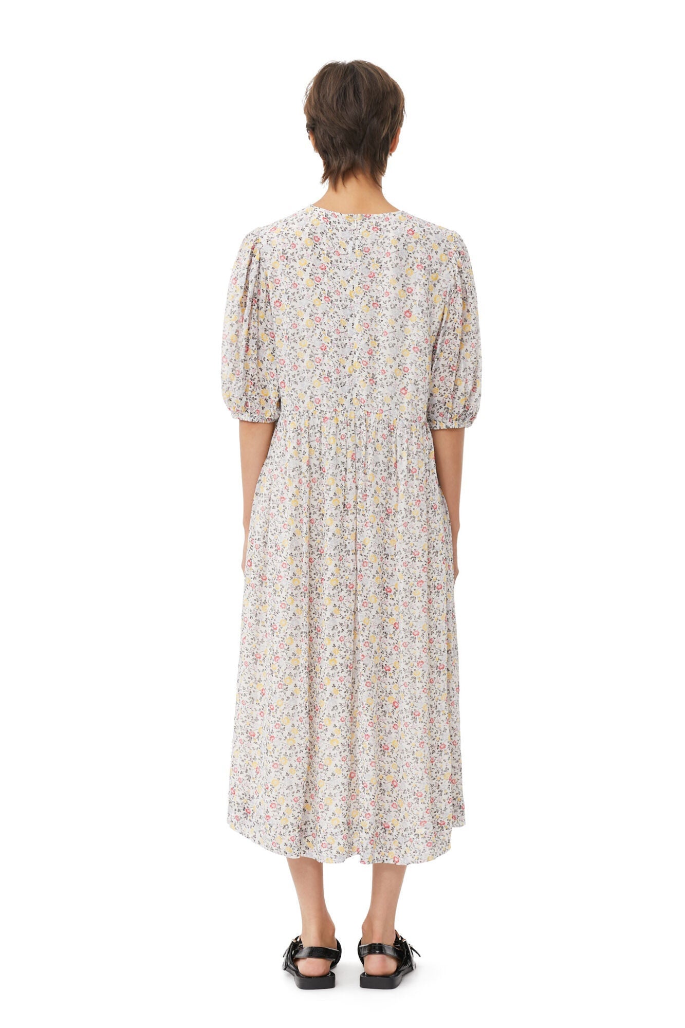 Printed Georgette Puff Sleeve Midi Dress | Egret