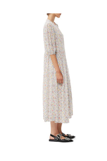 Printed Georgette Puff Sleeve Midi Dress | Egret