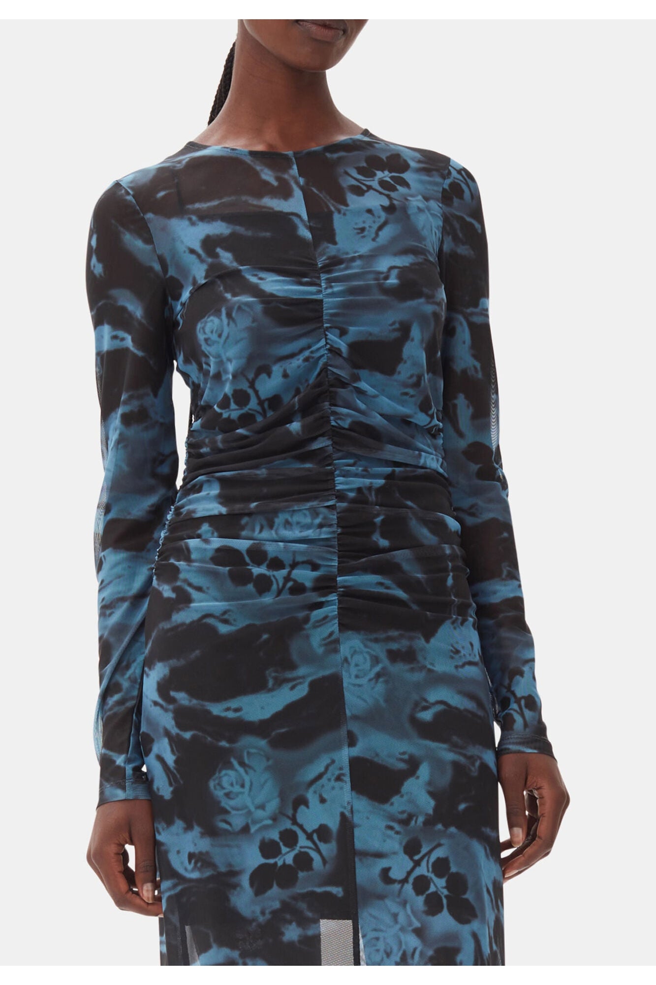 Printed Mesh O neck Ruched Long Dress | Blue Shadow