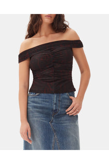 Printed Mesh Off shoulder Ruched Top | Bitter Chocolate