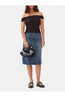 Printed Mesh Off shoulder Ruched Top | Bitter Chocolate