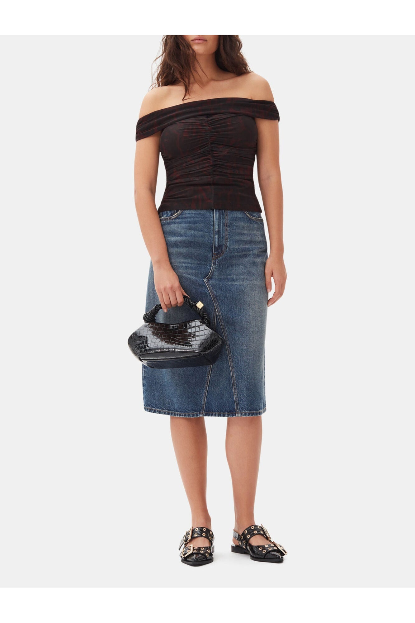 Printed Mesh Off shoulder Ruched Top | Bitter Chocolate