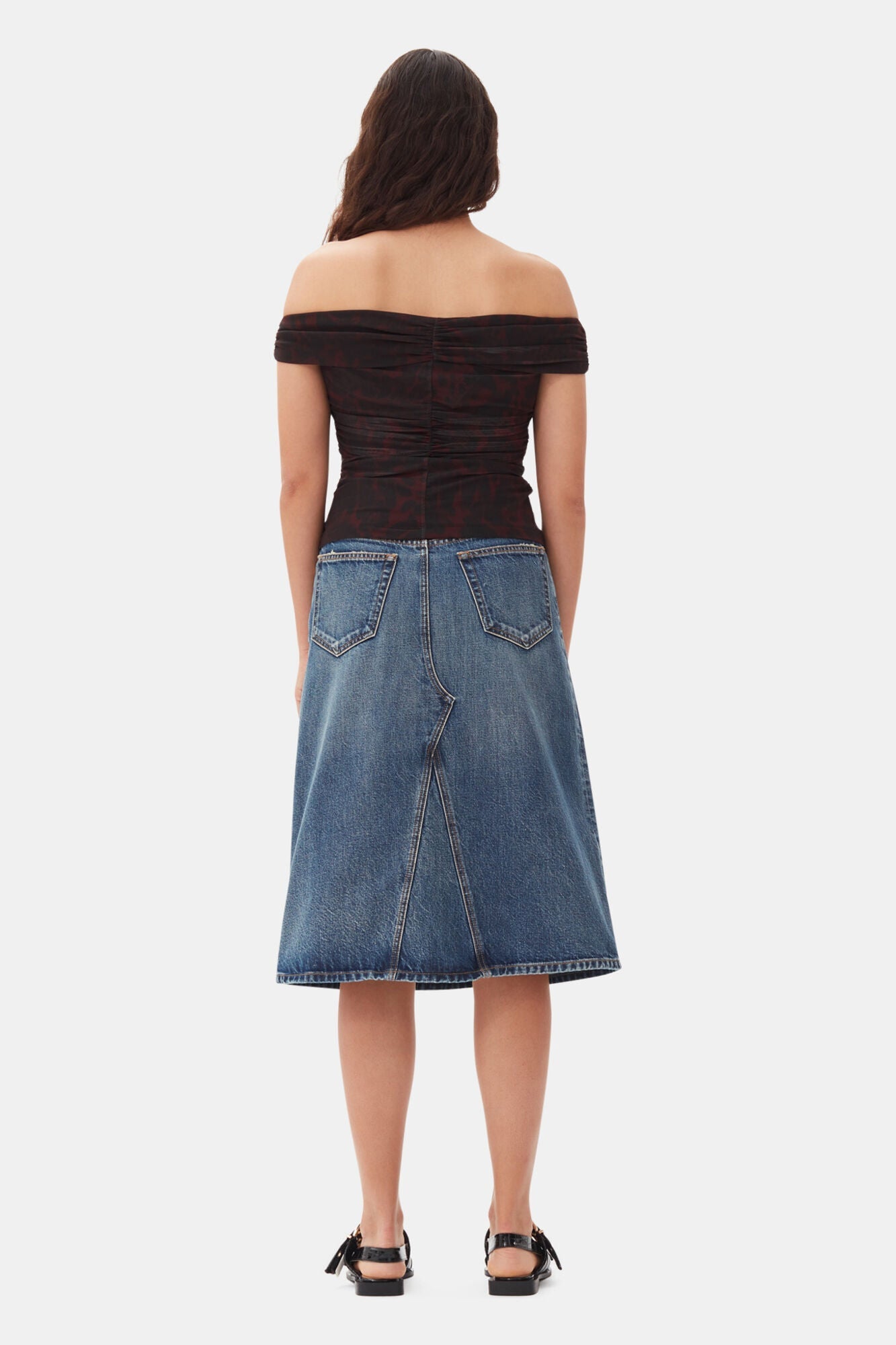 Printed Mesh Off shoulder Ruched Top | Bitter Chocolate
