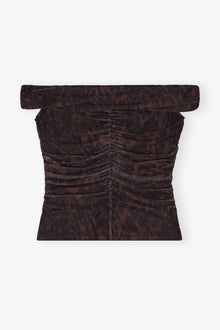 Printed Mesh Off shoulder Ruched Top | Bitter Chocolate