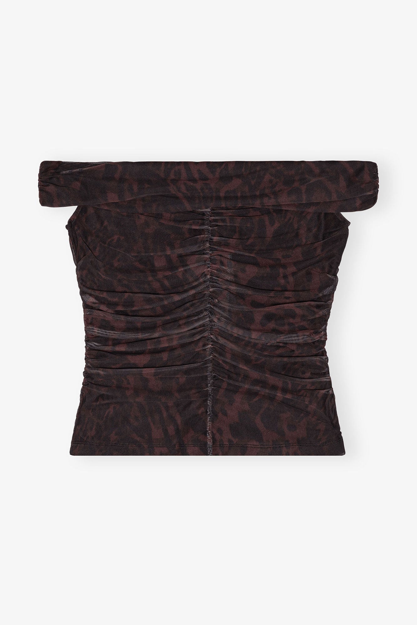 Printed Mesh Off shoulder Ruched Top | Bitter Chocolate