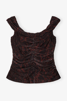 Printed Mesh Off shoulder Ruched Top | Bitter Chocolate