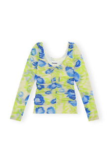 Printed Mesh U neck Ruched Blouse | Strong Blue