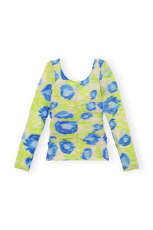 Printed Mesh U neck Ruched Blouse | Strong Blue