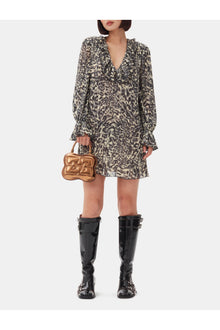 Printed Pleated Georgette Flounce Neck Mini Dress | Lemon Icing