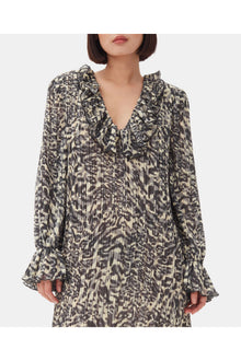 Printed Pleated Georgette Flounce Neck Mini Dress | Lemon Icing