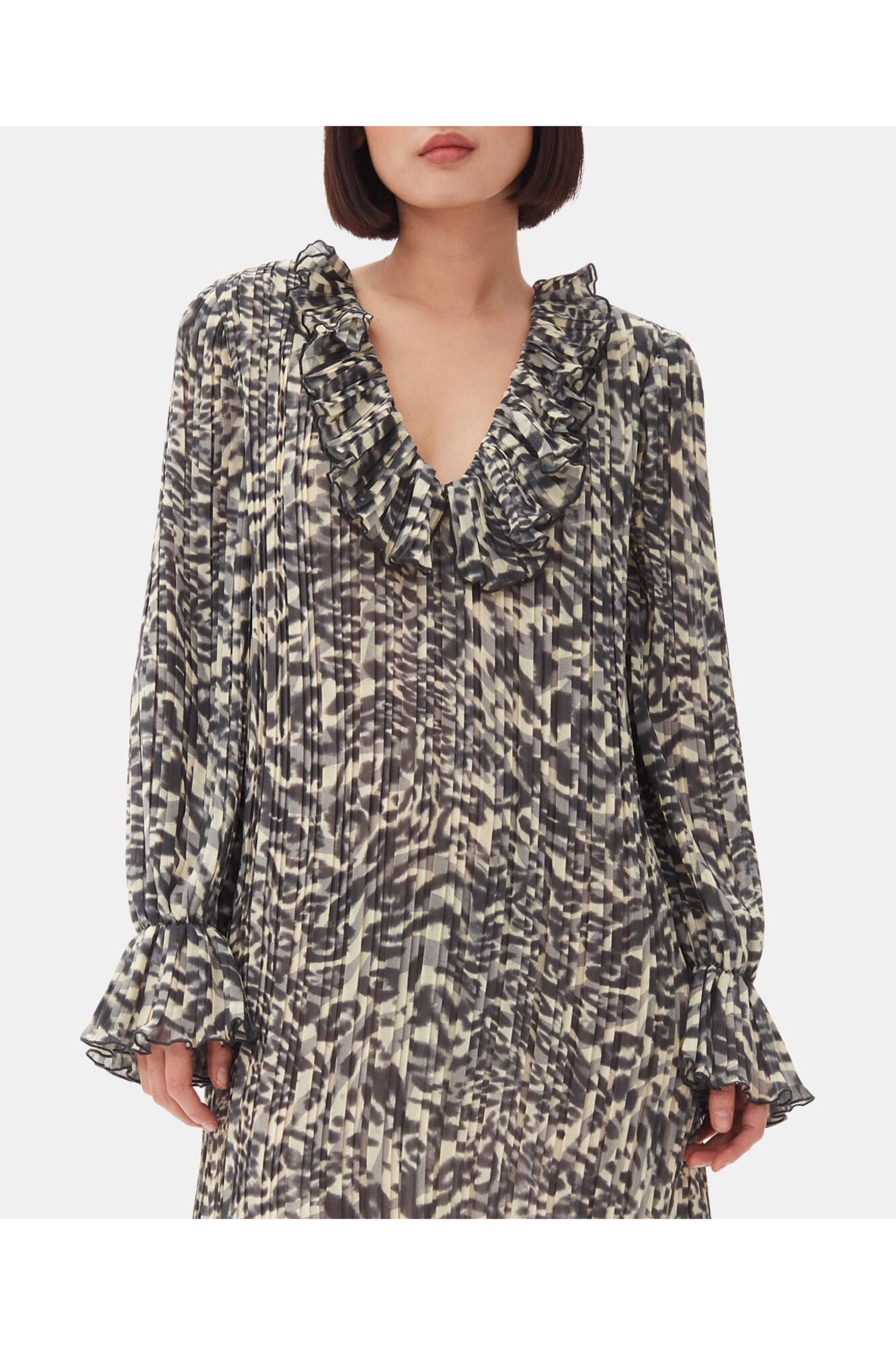 Printed Pleated Georgette Flounce Neck Mini Dress | Lemon Icing