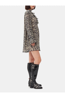 Printed Pleated Georgette Flounce Neck Mini Dress | Lemon Icing