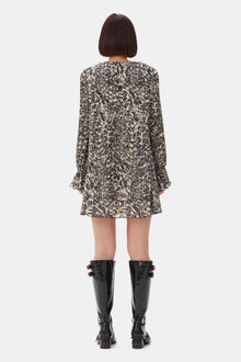 Printed Pleated Georgette Flounce Neck Mini Dress | Lemon Icing
