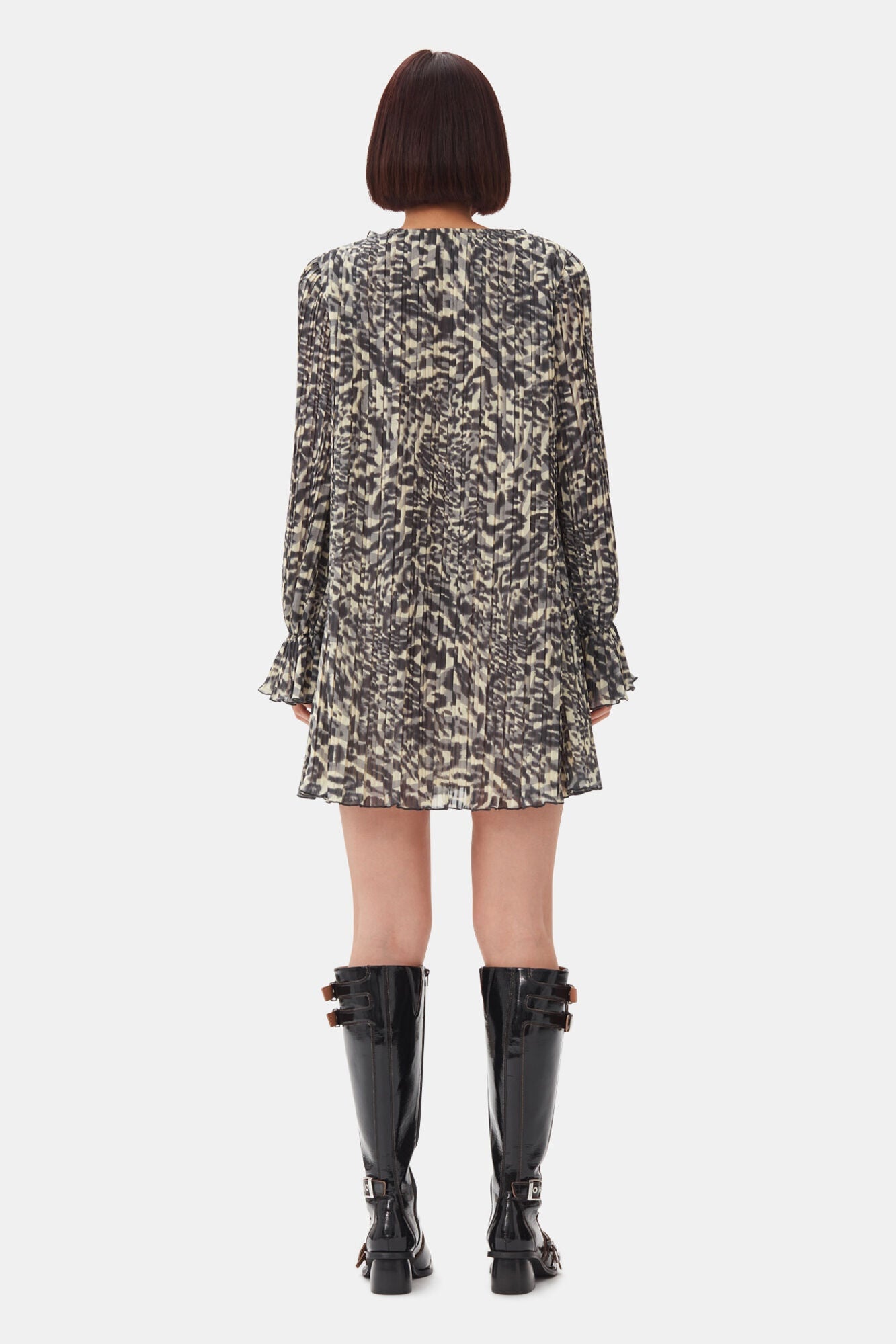 Printed Pleated Georgette Flounce Neck Mini Dress | Lemon Icing