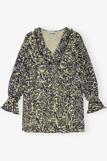 Printed Pleated Georgette Flounce Neck Mini Dress | Lemon Icing