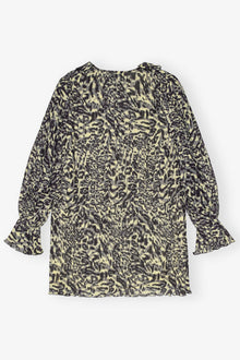 Printed Pleated Georgette Flounce Neck Mini Dress | Lemon Icing