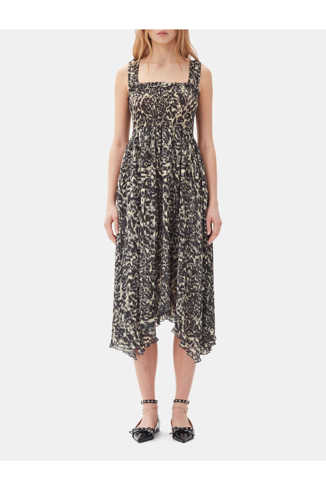 Printed Pleated Georgette Smock Midi Dress | Lemon Icing