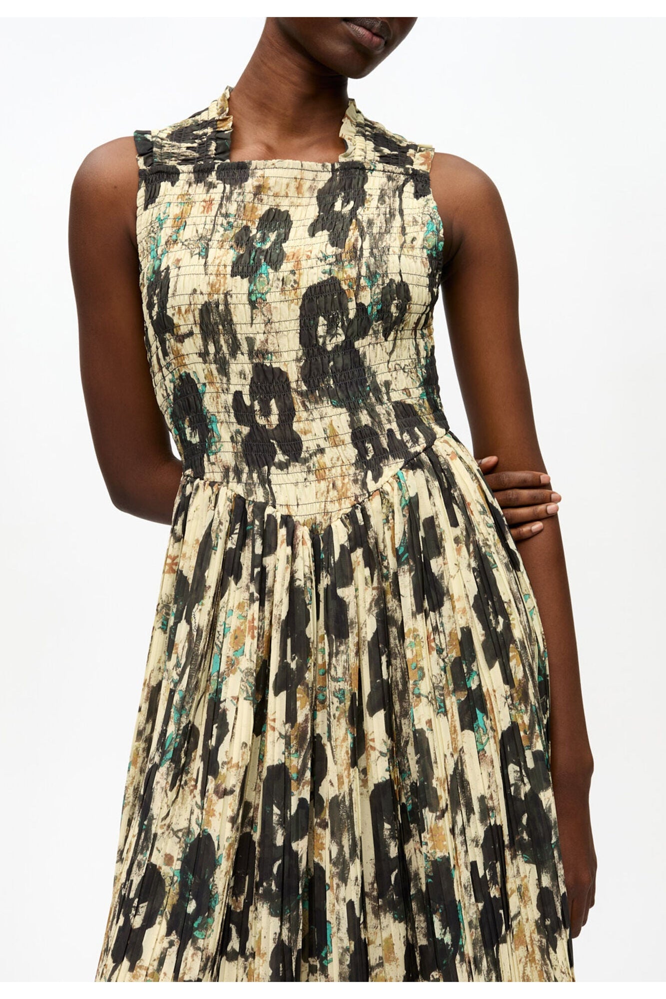 Printed Pleats Smock Midi Straps Dress | Afterglow