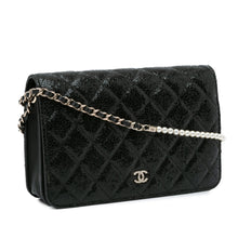 Chanel | Pre-Owned Quilted Crackled Patent Pearl Strap Wallet On Chain | Black