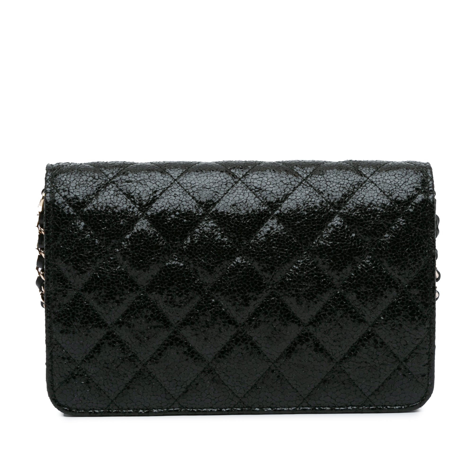 Chanel | Pre-Owned Quilted Crackled Patent Pearl Strap Wallet On Chain | Black