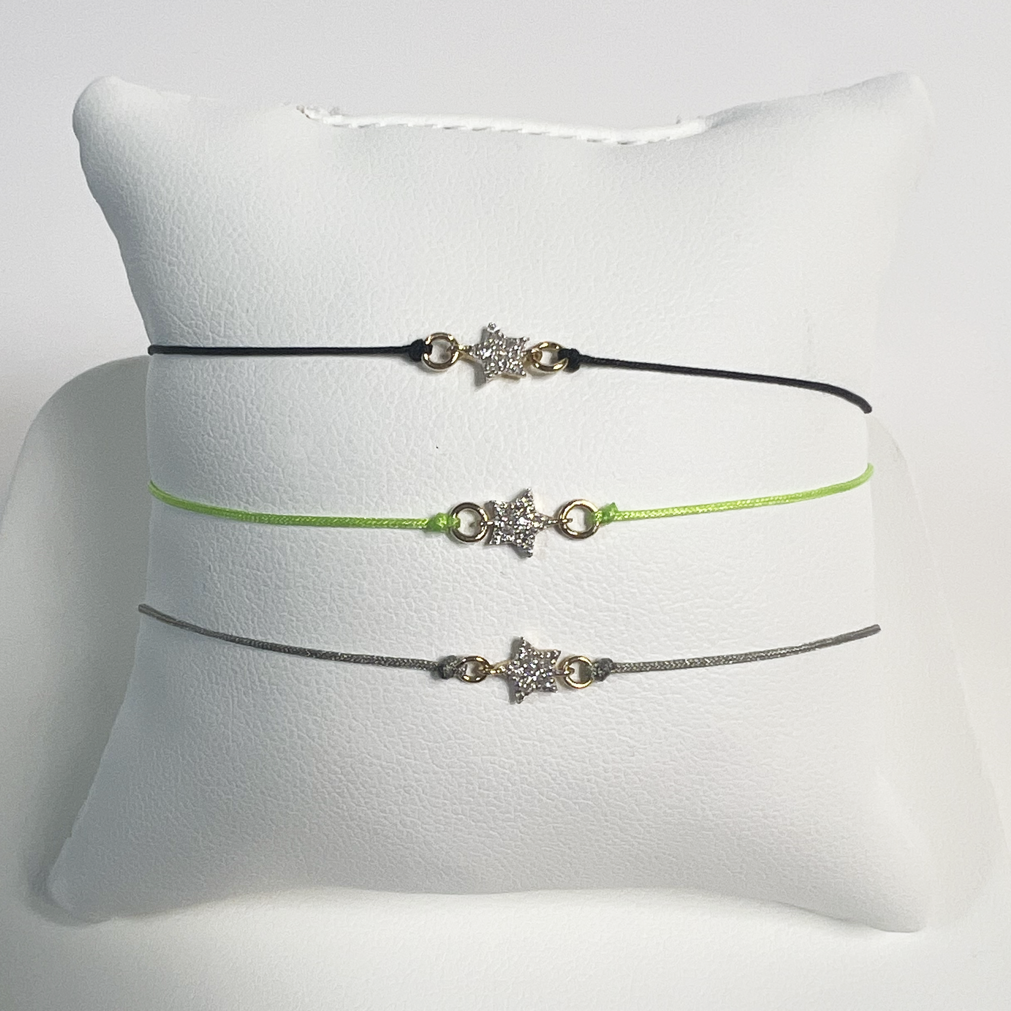 Pave Star Friendship Bracelet | 10K Yellow Gold | White Diamond | Green Adjustable Cord