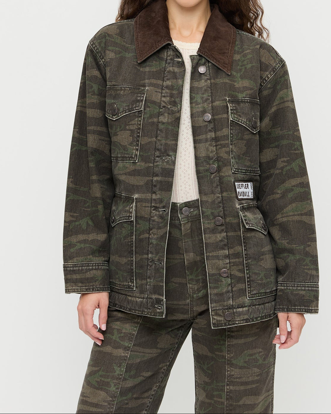 Quincy Jacket in dark camo denim, Molly Workwear Jean in dark camo denim, and Lolo Pointelle Long-Sleeve Top in cream pointelle.