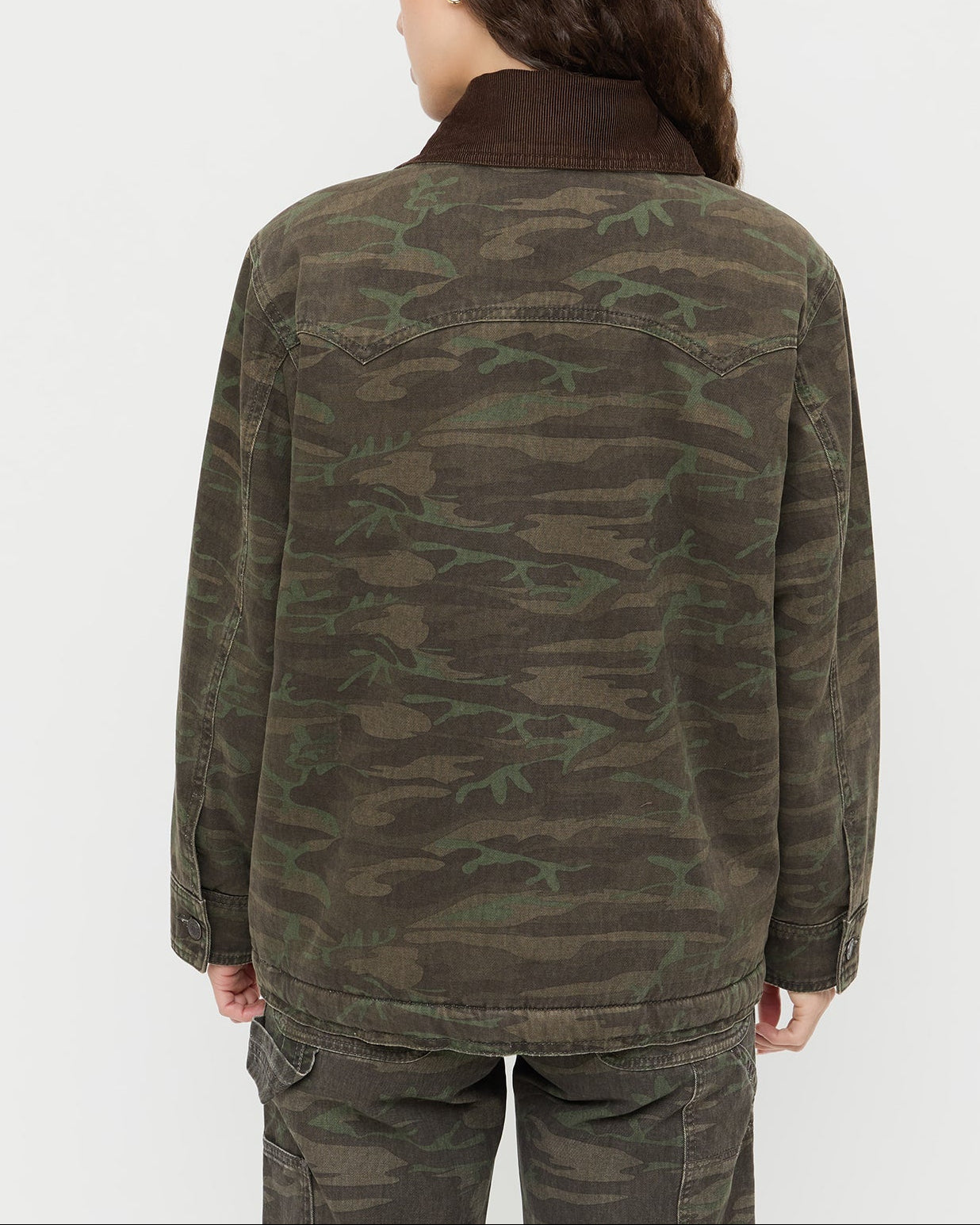 Quincy Jacket in dark camo denim and Molly Workwear Jean in dark camo denim.