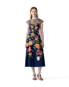 Embroidered Cap Sleeve Crewneck Midi Dress | Midnight Multi