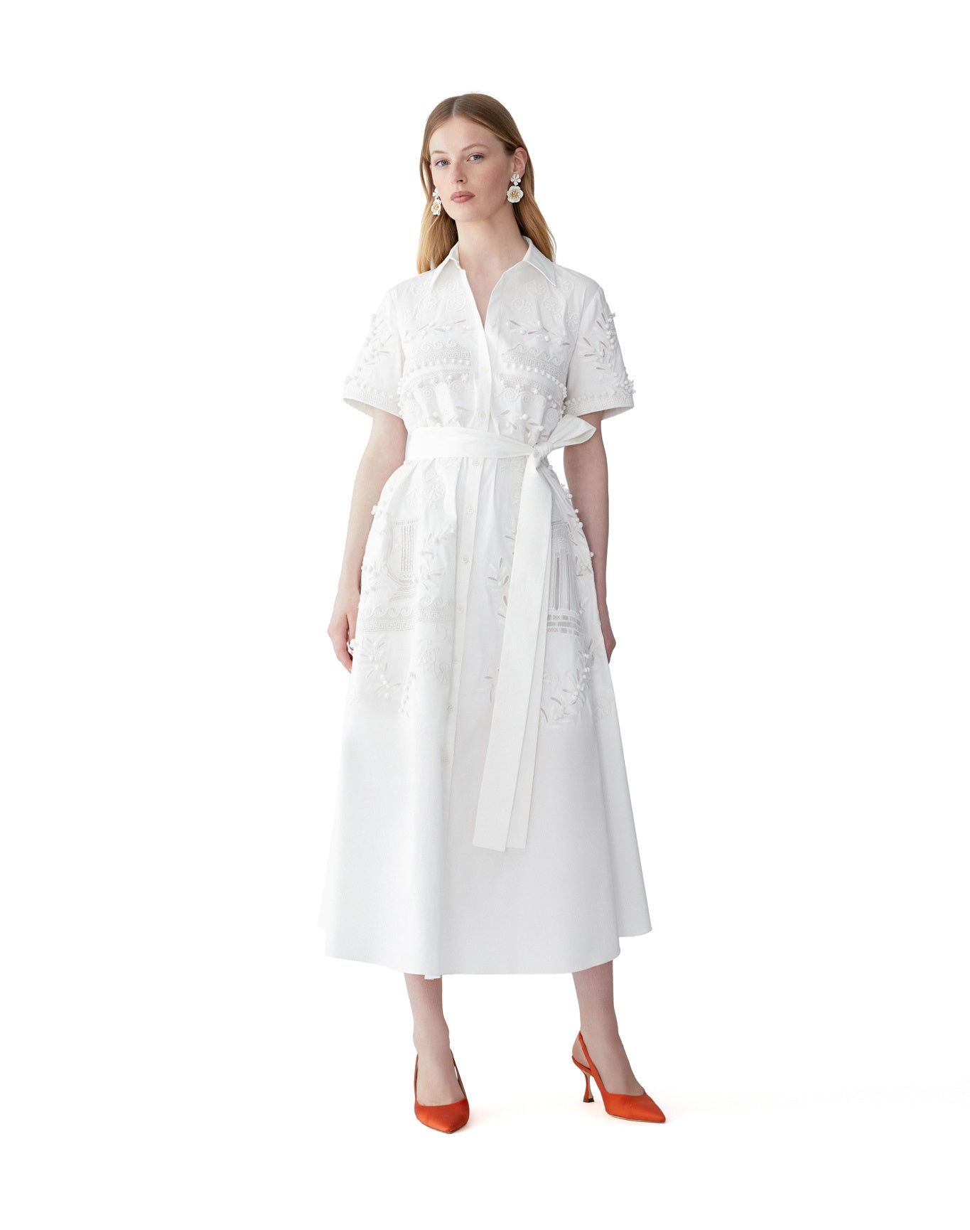 Embroidered Short Sleeve Shirt Dress With Self Belt | White