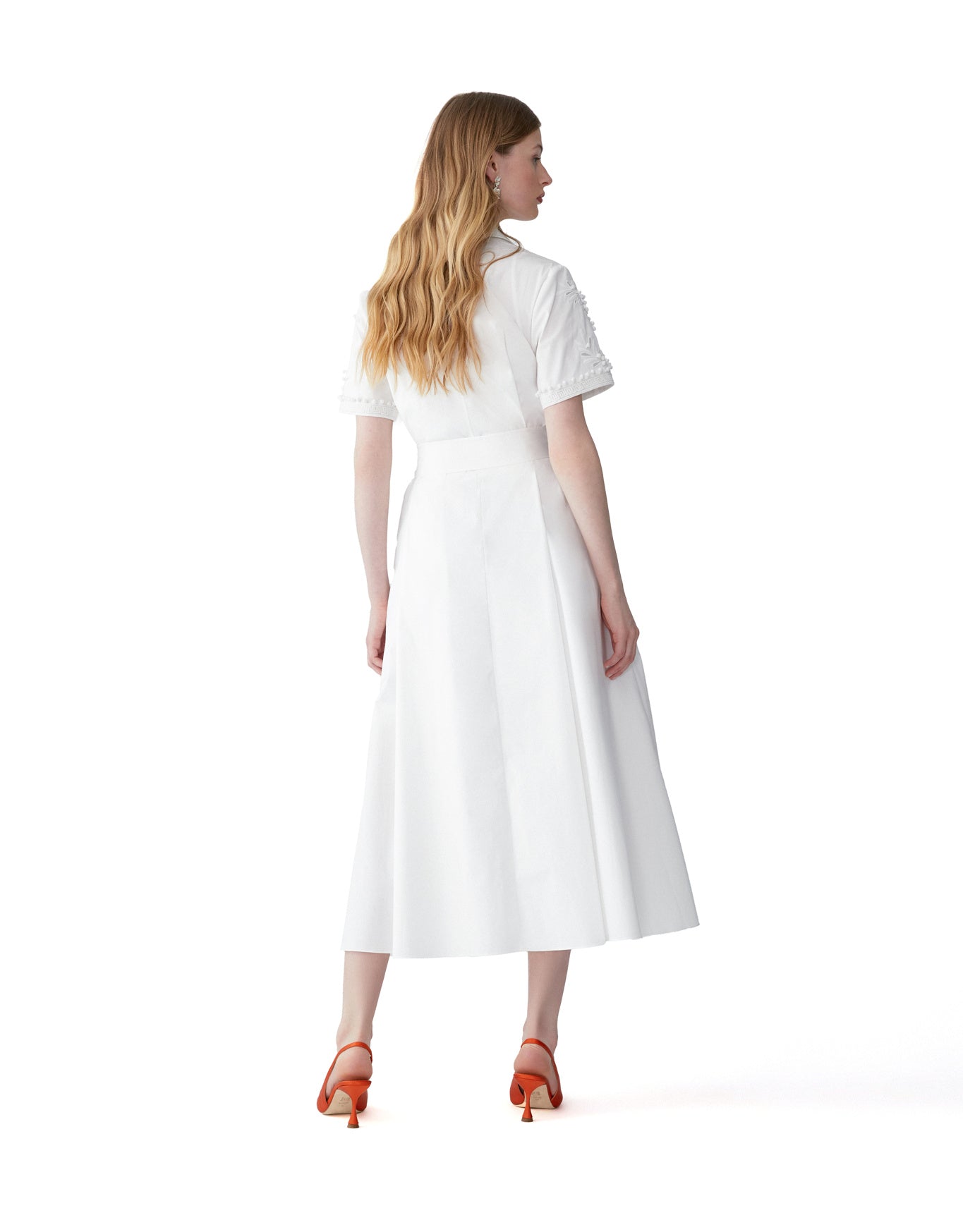 Embroidered Short Sleeve Shirt Dress With Self Belt | White