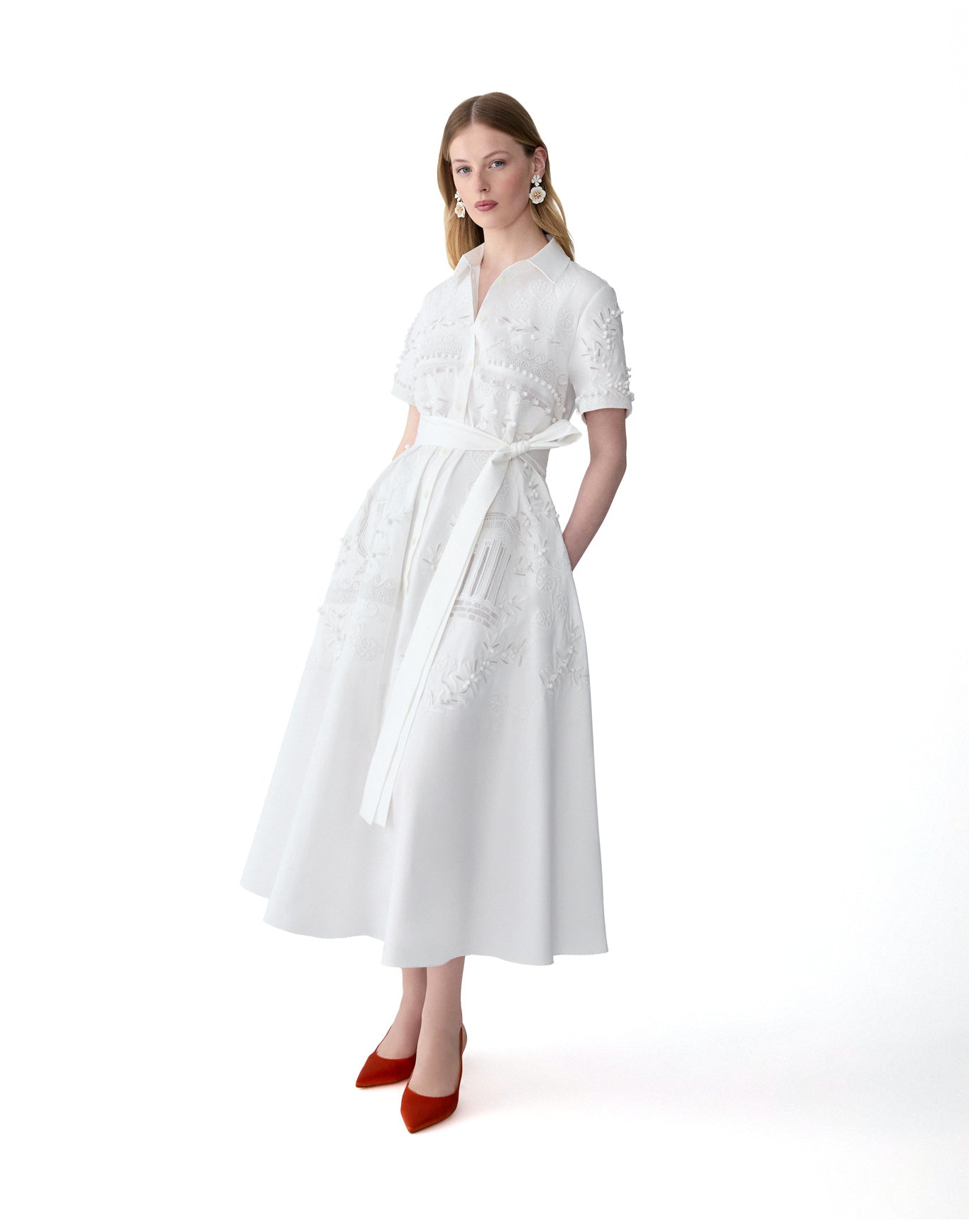 Embroidered Short Sleeve Shirt Dress With Self Belt | White