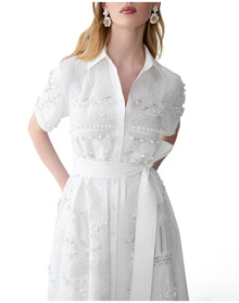 Embroidered Short Sleeve Shirt Dress With Self Belt | White