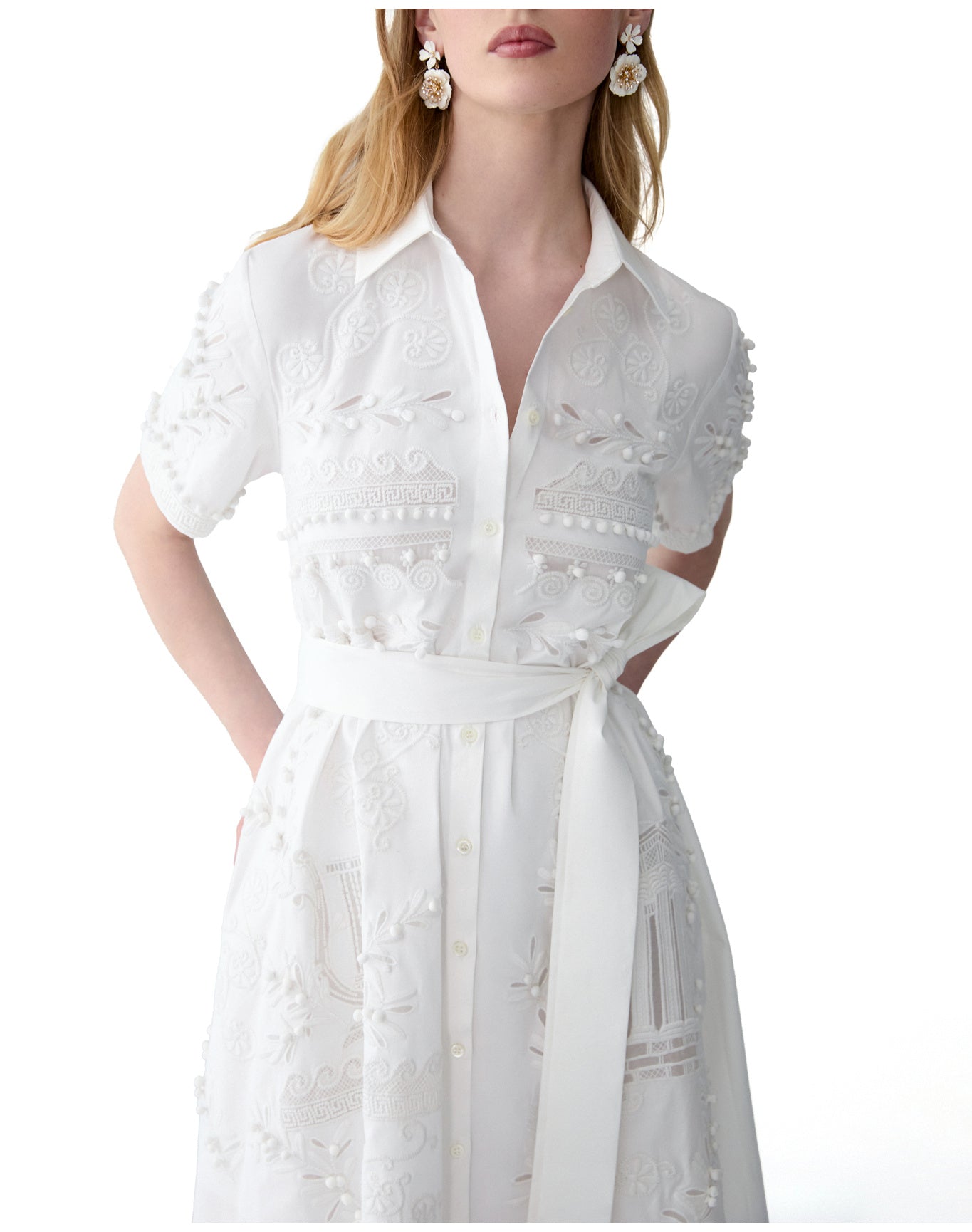 Embroidered Short Sleeve Shirt Dress With Self Belt | White