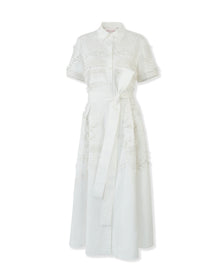 Embroidered Short Sleeve Shirt Dress With Self Belt | White